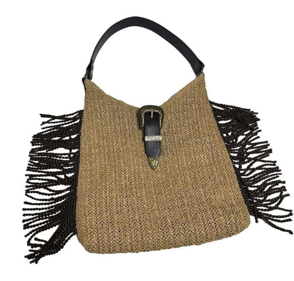 Wild Flower Straw Woven Shoulder Bag with Fringe and Buckle Detail